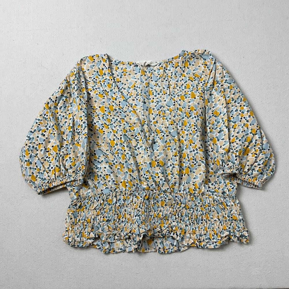 Sim & Sam Womens XL Blue Yellow Dot Poplin Milkmaid Puff Sleeve Top